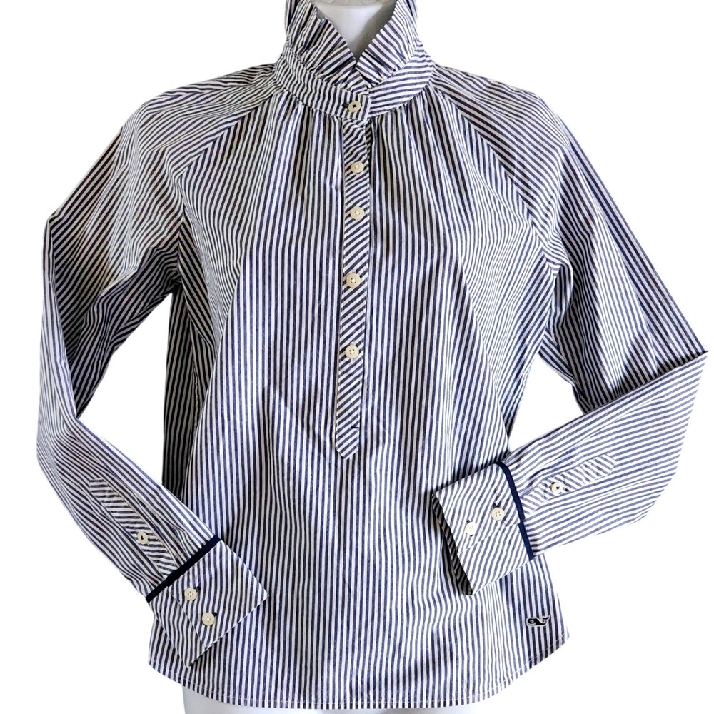 Vineyard Vines Womens Size 6 Blue White Stripe Ruffle Collar Popover Shirt
